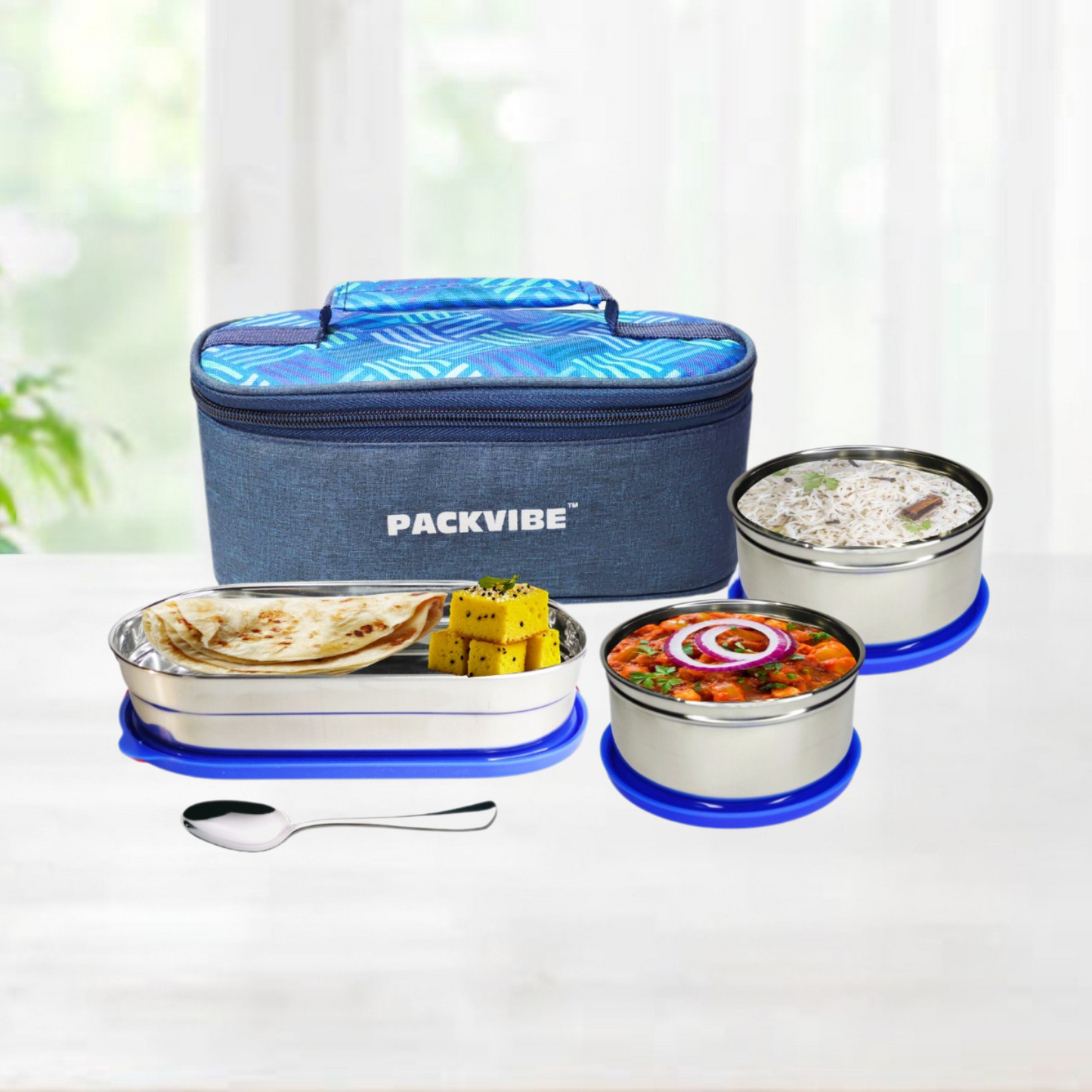 PackVibe Stainless Steel Lunch Box – 3 Containers with Roti Box & Insulated Bag – Leakproof, Office & School Use