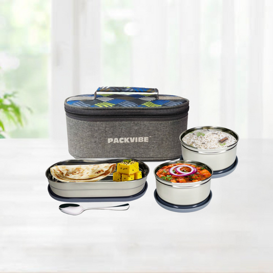 PackVibe Stainless Steel Lunch Box – 3 Containers with Roti Box & Insulated Bag – Leakproof, Office & School Use