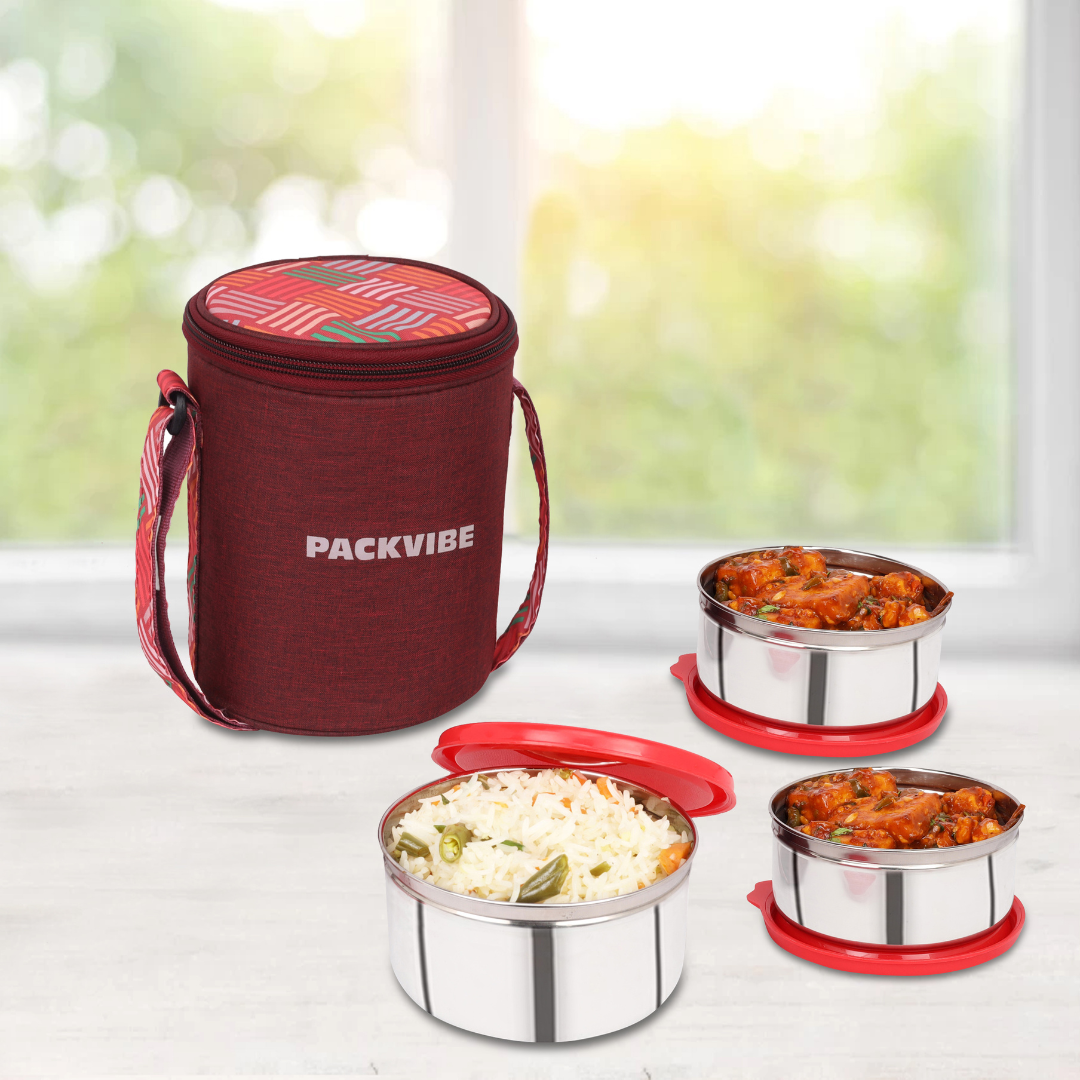 Buy Lunch Box Mumbai | Gourmet Stainless Steel Lunch Box – 3 Container Tiffin with Insulated Bag – Leakproof, BPA-Free, Office & College Use
